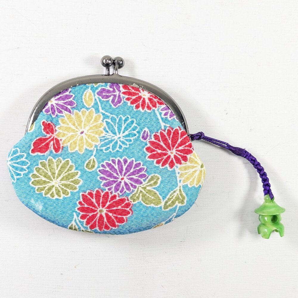 Blue silk floral coin purse, kisslock change wallet